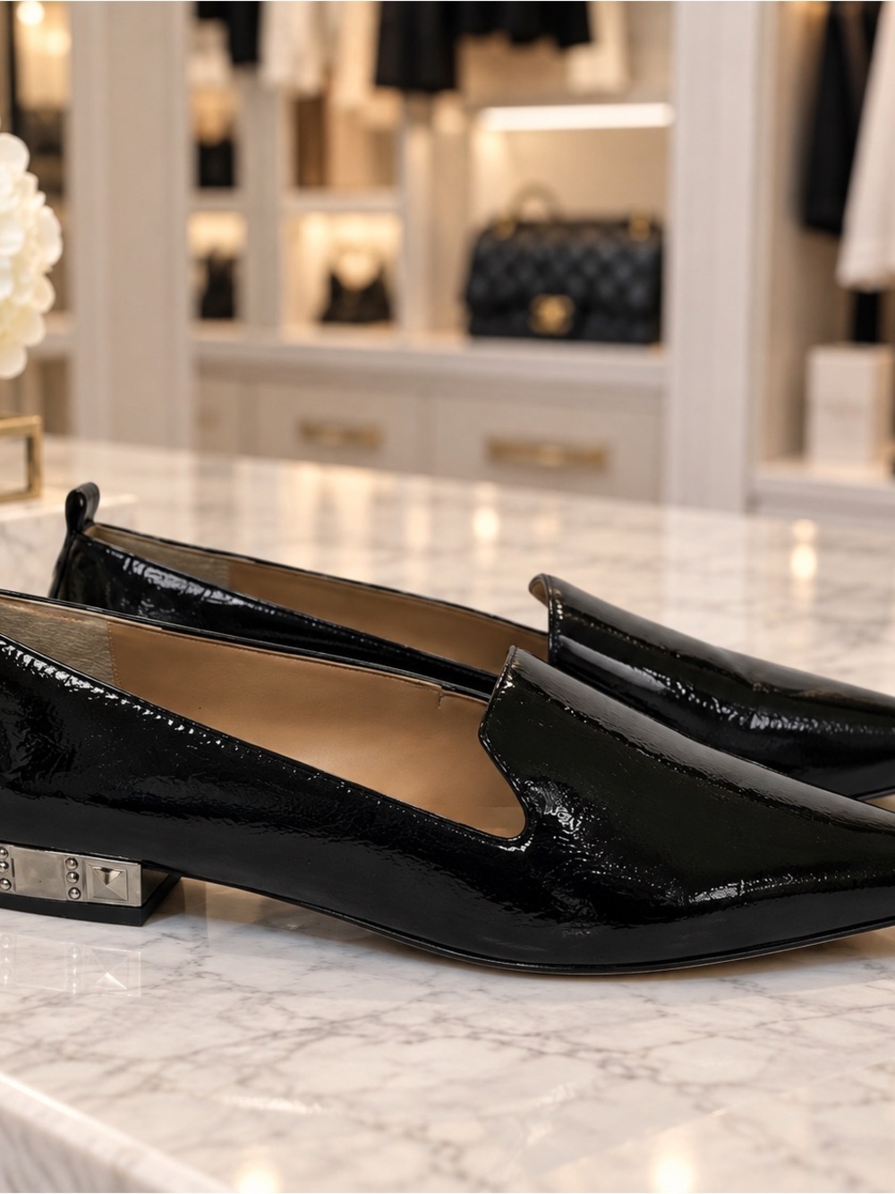 Franco Sarto Sadie Black Textured Patent Leather Pointed Toe Loafers 7.5